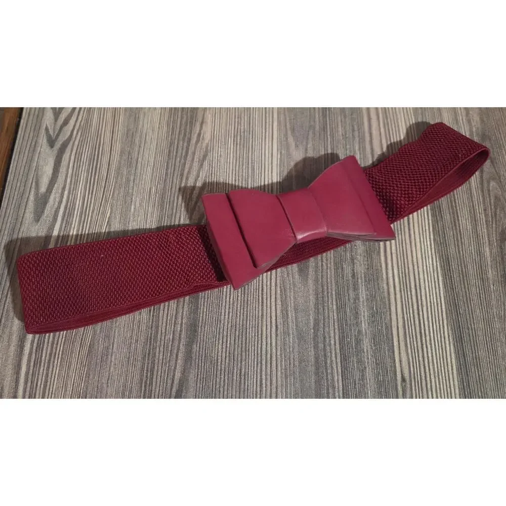 Women's Red Stretch Waist Belt Wide Elastic Bow Faux Leather Snap Closure